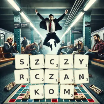 Kreatywna ilustracja do gry w Scrabble ze słowem SZCZYRCZANKOM ułożonym z płytek na planszy.