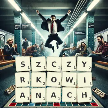 Kreatywna ilustracja do gry w Scrabble ze słowem SZCZYRKOWIANACH ułożonym z płytek na planszy.