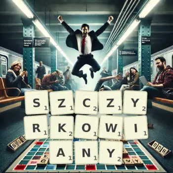 Kreatywna ilustracja do gry w Scrabble ze słowem SZCZYRKOWIANY ułożonym z płytek na planszy.