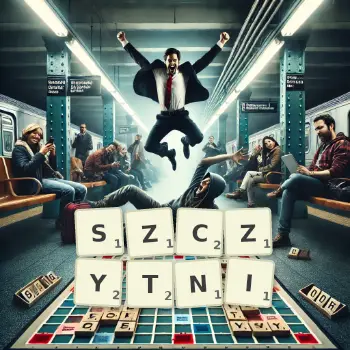 Kreatywna ilustracja do gry w Scrabble ze słowem SZCZYTNI ułożonym z płytek na planszy.