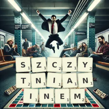 Kreatywna ilustracja do gry w Scrabble ze słowem SZCZYTNIANINEM ułożonym z płytek na planszy.