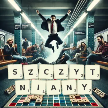 Kreatywna ilustracja do gry w Scrabble ze słowem SZCZYTNIANY ułożonym z płytek na planszy.