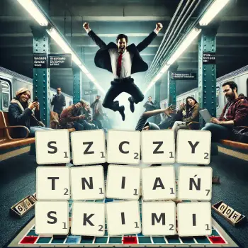 Kreatywna ilustracja do gry w Scrabble ze słowem SZCZYTNIAŃSKIMI ułożonym z płytek na planszy.