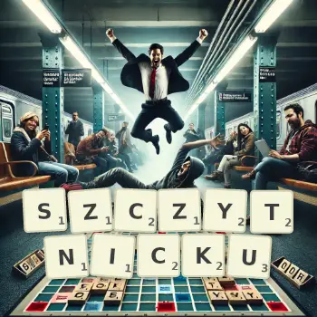 Kreatywna ilustracja do gry w Scrabble ze słowem SZCZYTNICKU ułożonym z płytek na planszy.