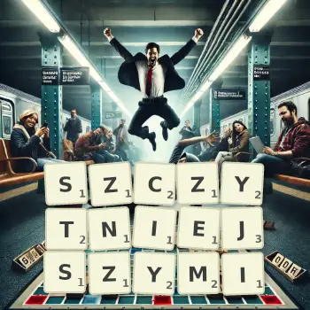 Kreatywna ilustracja do gry w Scrabble ze słowem SZCZYTNIEJSZYMI ułożonym z płytek na planszy.
