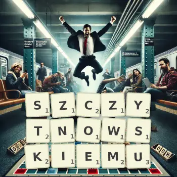 Kreatywna ilustracja do gry w Scrabble ze słowem SZCZYTNOWSKIEMU ułożonym z płytek na planszy.
