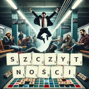 Kreatywna ilustracja do gry w Scrabble ze słowem SZCZYTNOŚCI ułożonym z płytek na planszy.