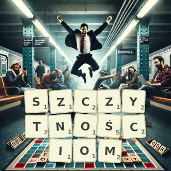 Kreatywna ilustracja do gry w Scrabble ze słowem SZCZYTNOŚCIOM ułożonym z płytek na planszy.