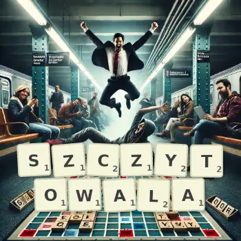Kreatywna ilustracja do gry w Scrabble ze słowem SZCZYTOWALA ułożonym z płytek na planszy.