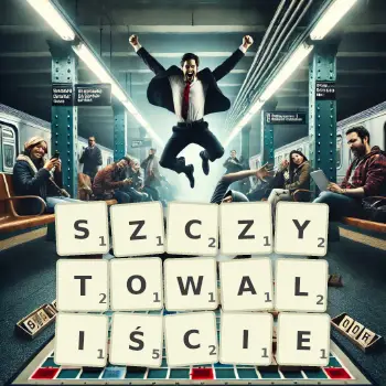 Kreatywna ilustracja do gry w Scrabble ze słowem SZCZYTOWALIŚCIE ułożonym z płytek na planszy.
