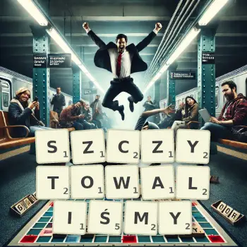 Kreatywna ilustracja do gry w Scrabble ze słowem SZCZYTOWALIŚMY ułożonym z płytek na planszy.