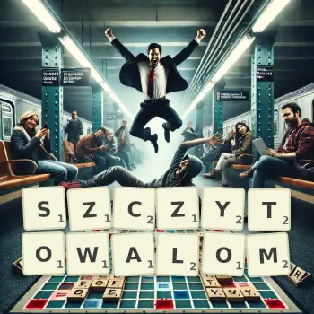 Kreatywna ilustracja do gry w Scrabble ze słowem SZCZYTOWALOM ułożonym z płytek na planszy.