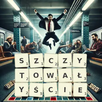 Kreatywna ilustracja do gry w Scrabble ze słowem SZCZYTOWAŁYŚCIE ułożonym z płytek na planszy.
