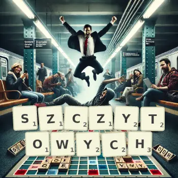 Kreatywna ilustracja do gry w Scrabble ze słowem SZCZYTOWYCH ułożonym z płytek na planszy.