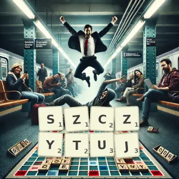 Kreatywna ilustracja do gry w Scrabble ze słowem SZCZYTUJ ułożonym z płytek na planszy.