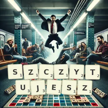 Kreatywna ilustracja do gry w Scrabble ze słowem SZCZYTUJESZ ułożonym z płytek na planszy.