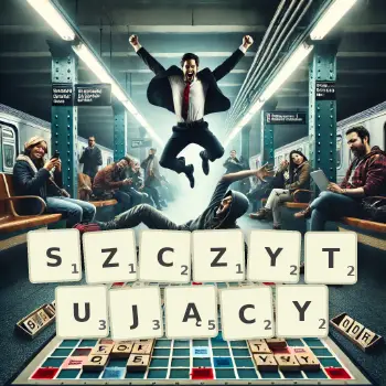 Kreatywna ilustracja do gry w Scrabble ze słowem SZCZYTUJĄCY ułożonym z płytek na planszy.
