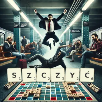 Kreatywna ilustracja do gry w Scrabble ze słowem SZCZYĆ ułożonym z płytek na planszy.