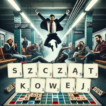 Kreatywna ilustracja do gry w Scrabble ze słowem SZCZĄTKOWEJ ułożonym z płytek na planszy.