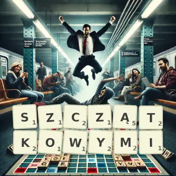 Kreatywna ilustracja do gry w Scrabble ze słowem SZCZĄTKOWYMI ułożonym z płytek na planszy.