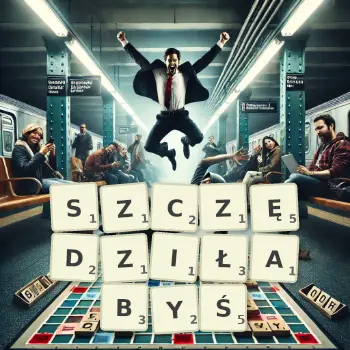 Kreatywna ilustracja do gry w Scrabble ze słowem SZCZĘDZIŁABYŚ ułożonym z płytek na planszy.