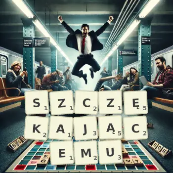Kreatywna ilustracja do gry w Scrabble ze słowem SZCZĘKAJĄCEMU ułożonym z płytek na planszy.