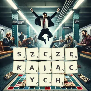 Kreatywna ilustracja do gry w Scrabble ze słowem SZCZĘKAJĄCYCH ułożonym z płytek na planszy.