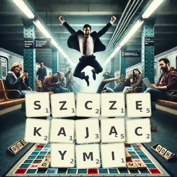 Kreatywna ilustracja do gry w Scrabble ze słowem SZCZĘKAJĄCYMI ułożonym z płytek na planszy.