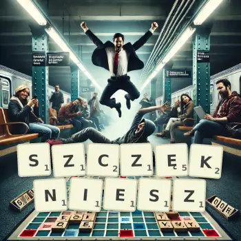 Kreatywna ilustracja do gry w Scrabble ze słowem SZCZĘKNIESZ ułożonym z płytek na planszy.