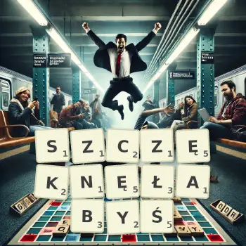Kreatywna ilustracja do gry w Scrabble ze słowem SZCZĘKNĘŁABYŚ ułożonym z płytek na planszy.