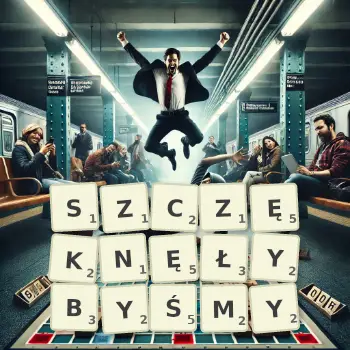 Kreatywna ilustracja do gry w Scrabble ze słowem SZCZĘKNĘŁYBYŚMY ułożonym z płytek na planszy.