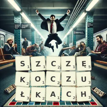 Kreatywna ilustracja do gry w Scrabble ze słowem SZCZĘKOCZUŁKACH ułożonym z płytek na planszy.