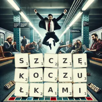 Kreatywna ilustracja do gry w Scrabble ze słowem SZCZĘKOCZUŁKAMI ułożonym z płytek na planszy.