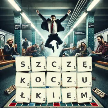 Kreatywna ilustracja do gry w Scrabble ze słowem SZCZĘKOCZUŁKIEM ułożonym z płytek na planszy.