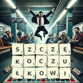 Kreatywna ilustracja do gry w Scrabble ze słowem SZCZĘKOCZUŁKOWI ułożonym z płytek na planszy.