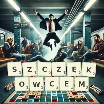 Kreatywna ilustracja do gry w Scrabble ze słowem SZCZĘKOWCEM ułożonym z płytek na planszy.