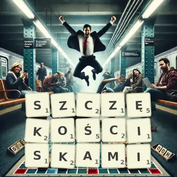Kreatywna ilustracja do gry w Scrabble ze słowem SZCZĘKOŚCISKAMI ułożonym z płytek na planszy.
