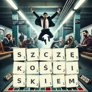 Kreatywna ilustracja do gry w Scrabble ze słowem SZCZĘKOŚCISKIEM ułożonym z płytek na planszy.