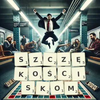 Kreatywna ilustracja do gry w Scrabble ze słowem SZCZĘKOŚCISKOM ułożonym z płytek na planszy.