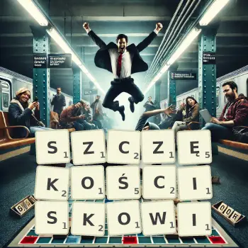 Kreatywna ilustracja do gry w Scrabble ze słowem SZCZĘKOŚCISKOWI ułożonym z płytek na planszy.