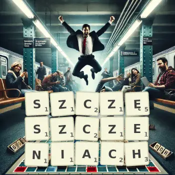 Kreatywna ilustracja do gry w Scrabble ze słowem SZCZĘSZCZENIACH ułożonym z płytek na planszy.