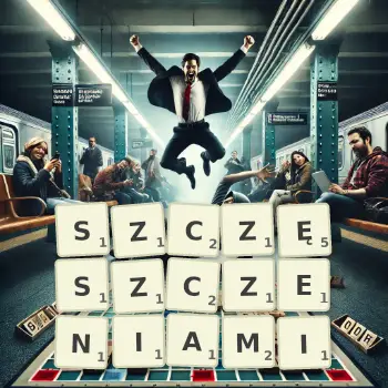 Kreatywna ilustracja do gry w Scrabble ze słowem SZCZĘSZCZENIAMI ułożonym z płytek na planszy.