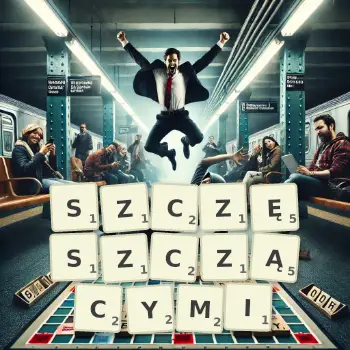 Kreatywna ilustracja do gry w Scrabble ze słowem SZCZĘSZCZĄCYMI ułożonym z płytek na planszy.