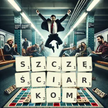 Kreatywna ilustracja do gry w Scrabble ze słowem SZCZĘŚCIARKOM ułożonym z płytek na planszy.