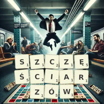 Kreatywna ilustracja do gry w Scrabble ze słowem SZCZĘŚCIARZÓW ułożonym z płytek na planszy.