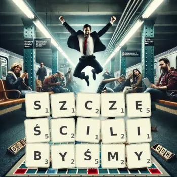 Kreatywna ilustracja do gry w Scrabble ze słowem SZCZĘŚCILIBYŚMY ułożonym z płytek na planszy.