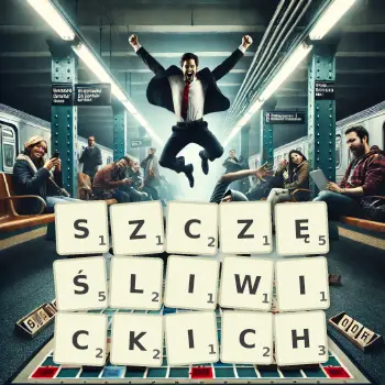 Kreatywna ilustracja do gry w Scrabble ze słowem SZCZĘŚLIWICKICH ułożonym z płytek na planszy.