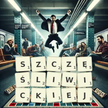 Kreatywna ilustracja do gry w Scrabble ze słowem SZCZĘŚLIWICKIEJ ułożonym z płytek na planszy.