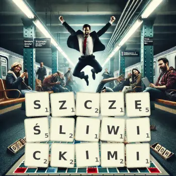 Kreatywna ilustracja do gry w Scrabble ze słowem SZCZĘŚLIWICKIMI ułożonym z płytek na planszy.