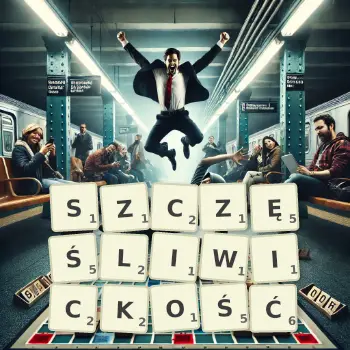 Kreatywna ilustracja do gry w Scrabble ze słowem SZCZĘŚLIWICKOŚĆ ułożonym z płytek na planszy.